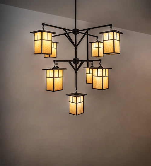 Meyda Lighting Hyde Park 64" 9-Light Craftsman Brown "T" Mission Chandelier With Beige Shade Glass