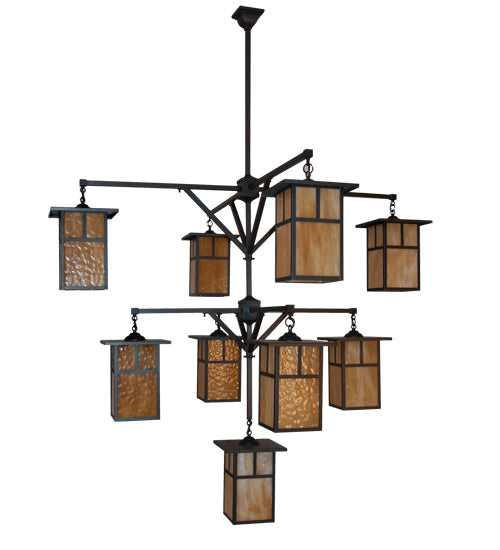 Meyda Lighting Hyde Park 64" 9-Light Craftsman Brown "T" Mission Chandelier With Beige Shade Glass