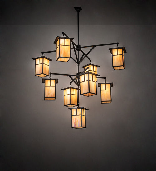 Meyda Lighting Hyde Park 64" 9-Light Craftsman Brown T Mission Hanging Lantern Chandelier With Beige Iridescent Shade Glass