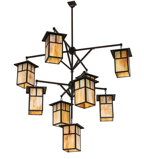 Meyda Lighting Hyde Park 64" 9-Light Craftsman Brown T Mission Hanging Lantern Chandelier With Beige Iridescent Shade Glass