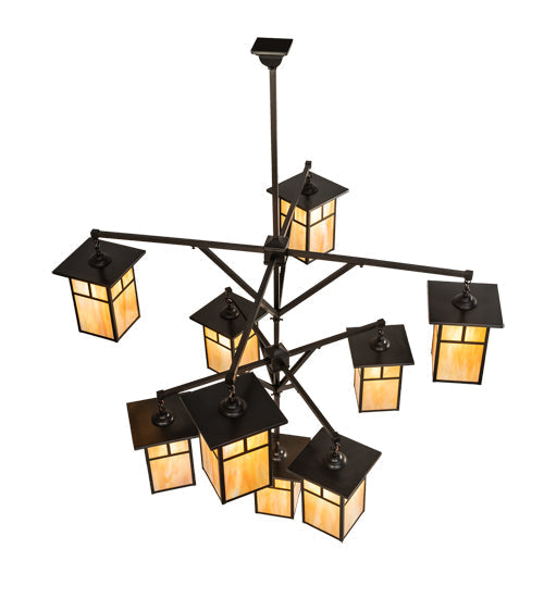 Meyda Lighting Hyde Park 64" 9-Light Craftsman Brown T Mission Hanging Lantern Chandelier With Beige Iridescent Shade Glass