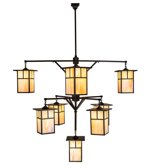 Meyda Lighting Hyde Park 64" 9-Light Craftsman Brown T Mission Hanging Lantern Chandelier With Beige Iridescent Shade Glass