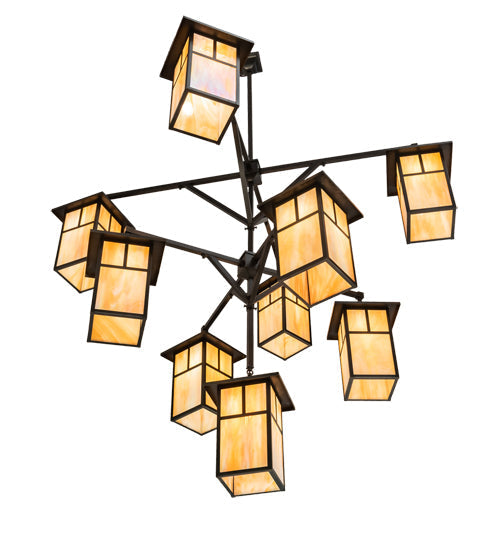 Meyda Lighting Hyde Park 64" 9-Light Craftsman Brown T Mission Hanging Lantern Chandelier With Beige Iridescent Shade Glass