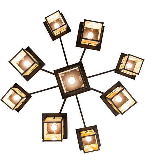 Meyda Lighting Hyde Park 64" 9-Light Craftsman Brown T Mission Hanging Lantern Chandelier With Beige Iridescent Shade Glass