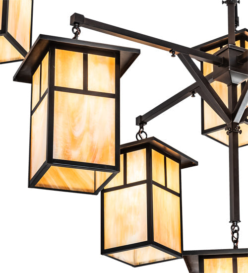 Meyda Lighting Hyde Park 64" 9-Light Craftsman Brown T Mission Hanging Lantern Chandelier With Beige Iridescent Shade Glass