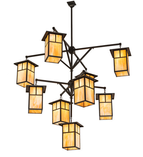 Meyda Lighting Hyde Park 64" 9-Light Craftsman Brown T Mission Hanging Lantern Chandelier With Beige Iridescent Shade Glass