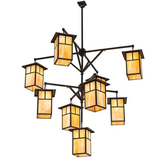 Meyda Lighting Hyde Park 64" 9-Light Craftsman Brown T Mission Hanging Lantern Chandelier With Beige Iridescent Shade Glass