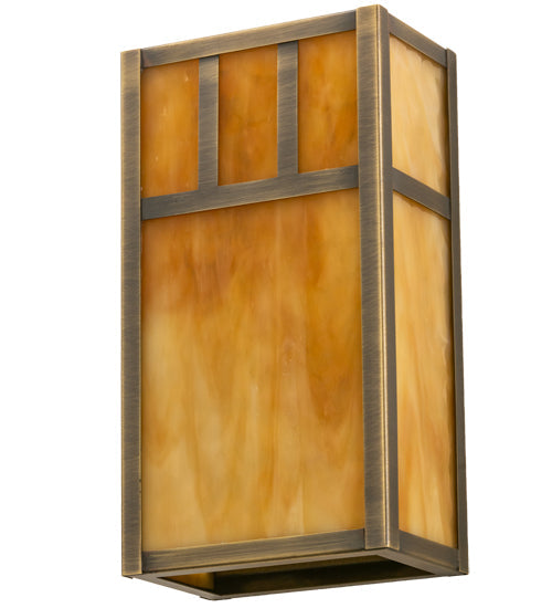Meyda Lighting Hyde Park 7" 2-Light Antique Brass Double Bar Mission Wall Sconce With Beige Art Shade Glass