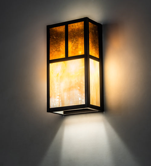 Meyda Lighting Hyde Park 7" 2-Light Craftsman Brown "T" Mission Wall Sconce With Amber Mica & Beige Iridescent Shade Glass
