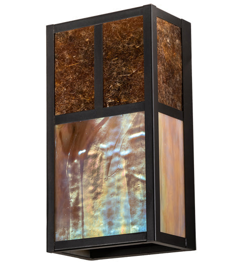 Meyda Lighting Hyde Park 7" 2-Light Craftsman Brown "T" Mission Wall Sconce With Amber Mica & Beige Iridescent Shade Glass
