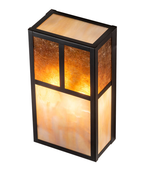Meyda Lighting Hyde Park 7" 2-Light Craftsman Brown "T" Mission Wall Sconce With Amber Mica & Beige Iridescent Shade Glass