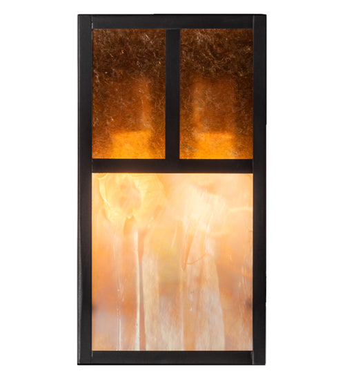Meyda Lighting Hyde Park 7" 2-Light Craftsman Brown "T" Mission Wall Sconce With Amber Mica & Beige Iridescent Shade Glass