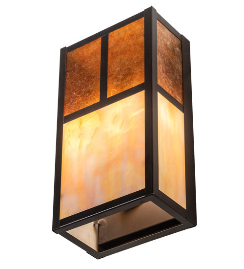 Meyda Lighting Hyde Park 7" 2-Light Craftsman Brown "T" Mission Wall Sconce With Amber Mica & Beige Iridescent Shade Glass