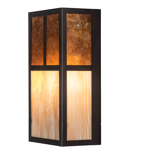 Meyda Lighting Hyde Park 7" 2-Light Craftsman Brown "T" Mission Wall Sconce With Amber Mica & Beige Iridescent Shade Glass