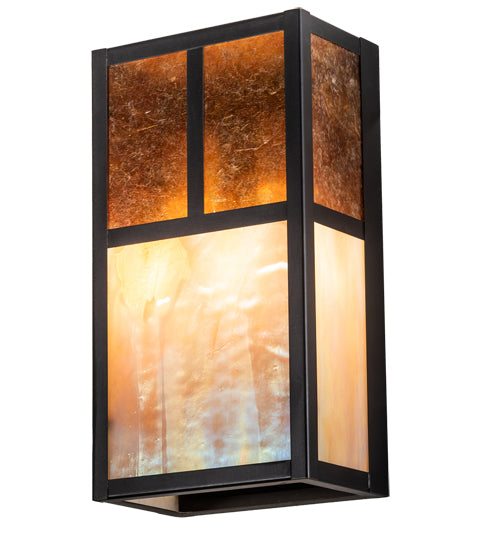 Meyda Lighting Hyde Park 7" 2-Light Craftsman Brown "T" Mission Wall Sconce With Amber Mica & Beige Iridescent Shade Glass