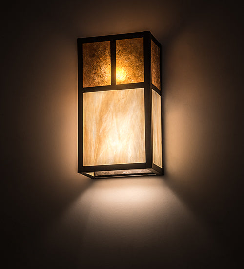 Meyda Lighting Hyde Park 7" 2-Light Craftsman Brown "T" Mission Wall Sconce With Beige Iridescent And Amber Mica Shade Glass