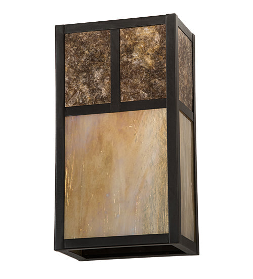 Meyda Lighting Hyde Park 7" 2-Light Craftsman Brown "T" Mission Wall Sconce With Beige Iridescent And Amber Mica Shade Glass