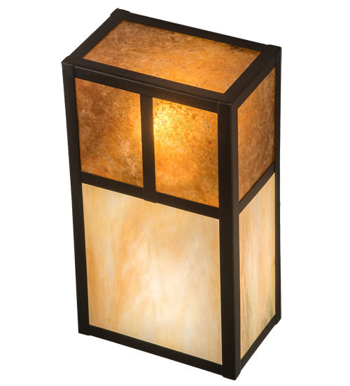 Meyda Lighting Hyde Park 7" 2-Light Craftsman Brown "T" Mission Wall Sconce With Beige Iridescent And Amber Mica Shade Glass