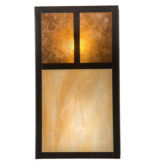 Meyda Lighting Hyde Park 7" 2-Light Craftsman Brown "T" Mission Wall Sconce With Beige Iridescent And Amber Mica Shade Glass