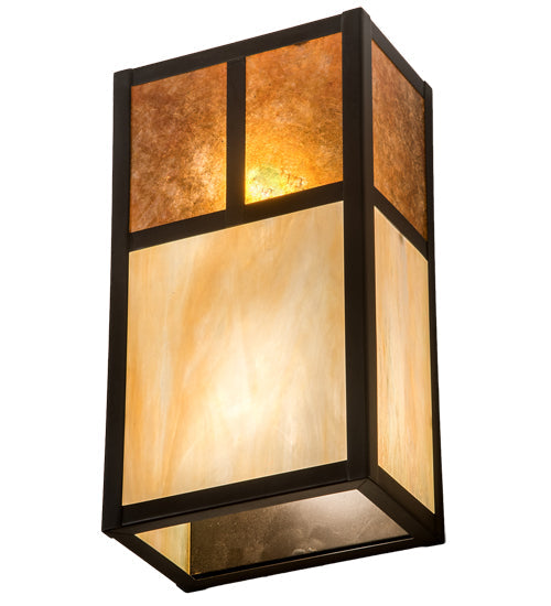 Meyda Lighting Hyde Park 7" 2-Light Craftsman Brown "T" Mission Wall Sconce With Beige Iridescent And Amber Mica Shade Glass