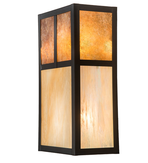 Meyda Lighting Hyde Park 7" 2-Light Craftsman Brown "T" Mission Wall Sconce With Beige Iridescent And Amber Mica Shade Glass