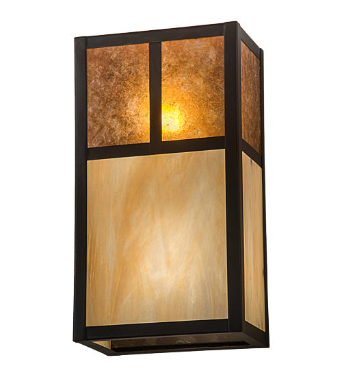 Meyda Lighting Hyde Park 7" 2-Light Craftsman Brown "T" Mission Wall Sconce With Beige Iridescent And Amber Mica Shade Glass
