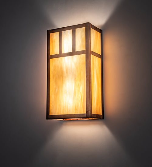 Meyda Lighting Hyde Park 7" 2-Light Vintage Copper Double Bar Mission Wall Sconce With Beige Iridescent Shade Glass