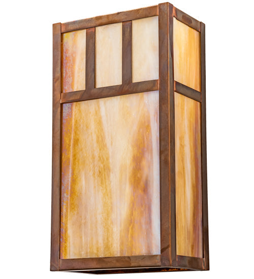 Meyda Lighting Hyde Park 7" 2-Light Vintage Copper Double Bar Mission Wall Sconce With Beige Iridescent Shade Glass