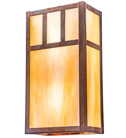 Meyda Lighting Hyde Park 7" 2-Light Vintage Copper Double Bar Mission Wall Sconce With Beige Iridescent Shade Glass