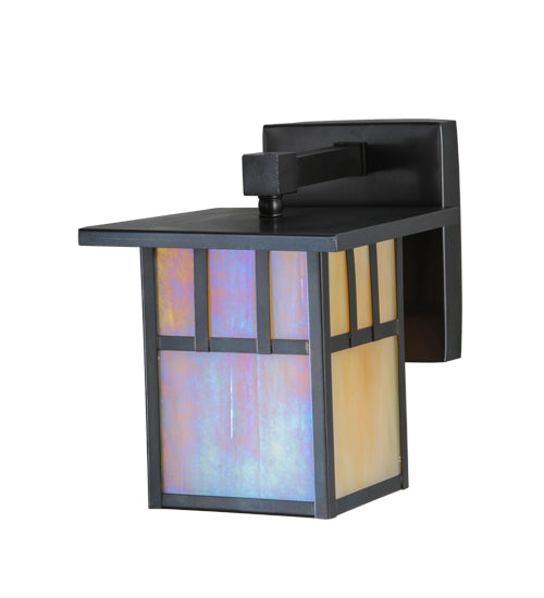 Meyda Lighting Hyde Park 7" Craftsman Brown Double Bar Mission Solid Mount Wall Sconce With Beige Iridescent Shade Glass
