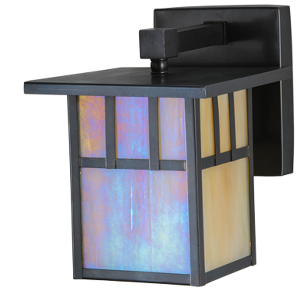 Meyda Lighting Hyde Park 7" Craftsman Brown Double Bar Mission Solid Mount Wall Sconce With Beige Iridescent Shade Glass