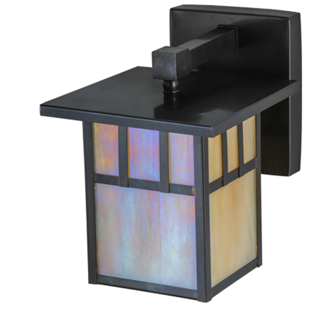 Meyda Lighting Hyde Park 7" Craftsman Brown Double Bar Mission Solid Mount Wall Sconce With Beige Iridescent Shade Glass