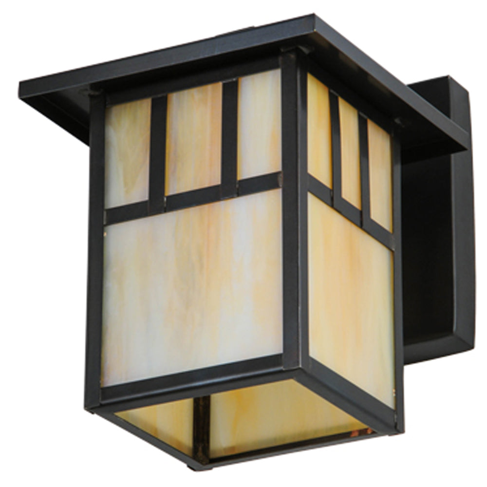 Meyda Lighting Hyde Park 7" Craftsman Brown Double Bar Mission Solid Mount Wall Sconce With Beige Iridescent Shade Glass