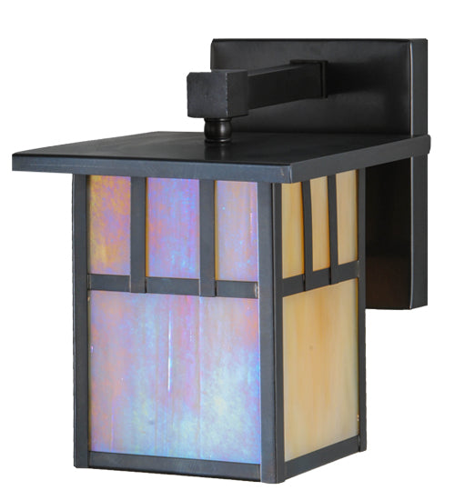 Meyda Lighting Hyde Park 7" Craftsman Brown Double Bar Mission Solid Mount Wall Sconce With Beige Iridescent Shade Glass