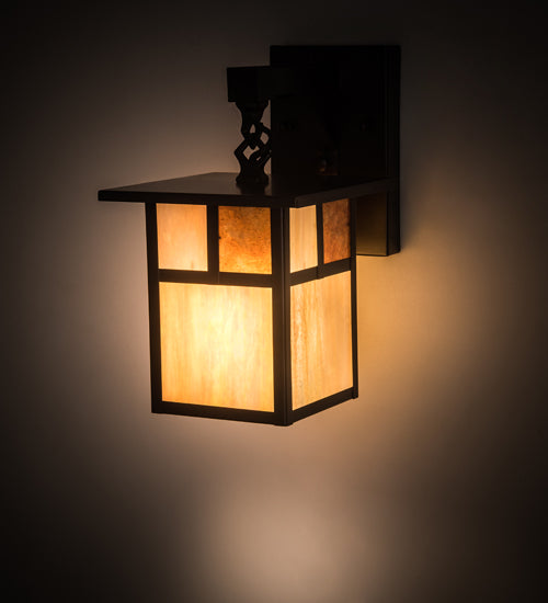 Meyda Lighting Hyde Park 7" Craftsman Brown "T" Mission Wall Sconce With Beige Art & Amber Mica Shade Glass
