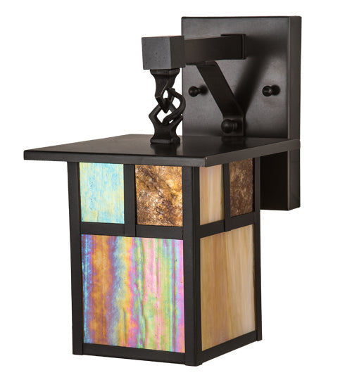 Meyda Lighting Hyde Park 7" Craftsman Brown "T" Mission Wall Sconce With Beige Art & Amber Mica Shade Glass