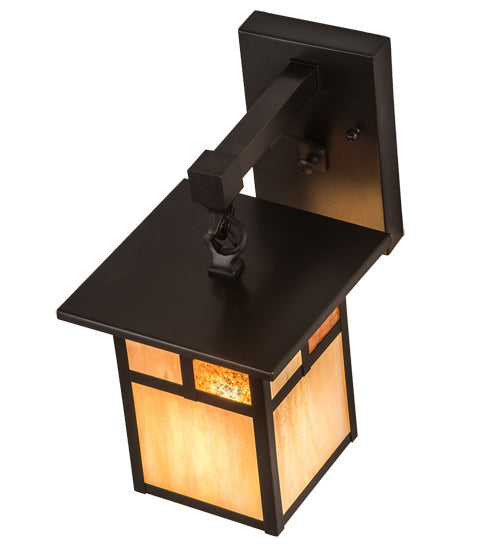 Meyda Lighting Hyde Park 7" Craftsman Brown "T" Mission Wall Sconce With Beige Art & Amber Mica Shade Glass