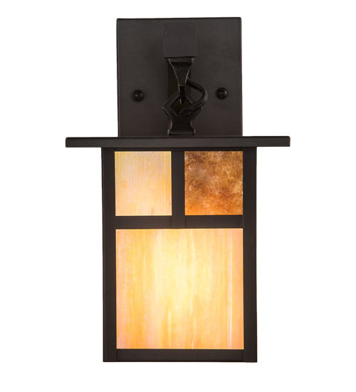 Meyda Lighting Hyde Park 7" Craftsman Brown "T" Mission Wall Sconce With Beige Art & Amber Mica Shade Glass