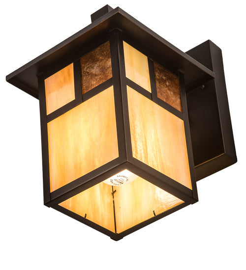 Meyda Lighting Hyde Park 7" Craftsman Brown "T" Mission Wall Sconce With Beige Art & Amber Mica Shade Glass