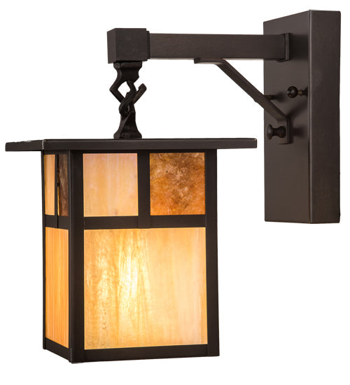 Meyda Lighting Hyde Park 7" Craftsman Brown "T" Mission Wall Sconce With Beige Art & Amber Mica Shade Glass