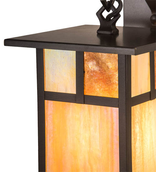 Meyda Lighting Hyde Park 7" Craftsman Brown "T" Mission Wall Sconce With Beige Art & Amber Mica Shade Glass