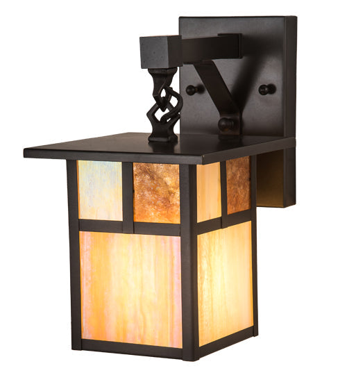 Meyda Lighting Hyde Park 7" Craftsman Brown "T" Mission Wall Sconce With Beige Art & Amber Mica Shade Glass