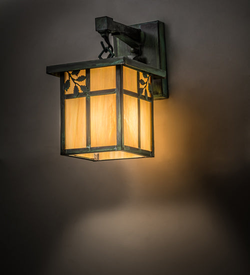 Meyda Lighting Hyde Park 7" Verdigris Sprig Hanging Wall Sconce With Beige Iridescent Shade Glass