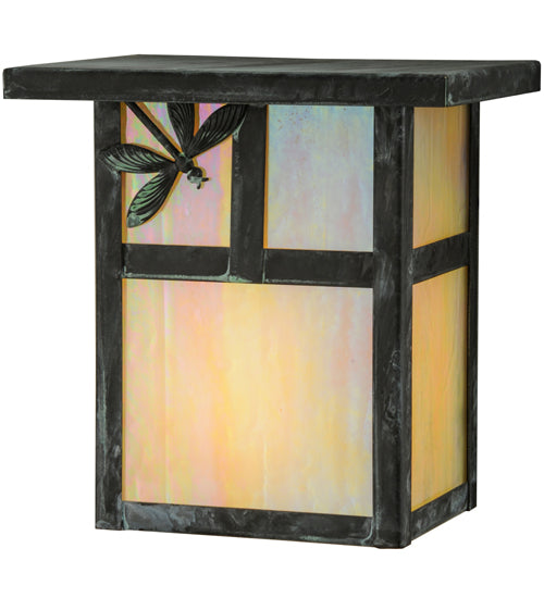 Meyda Lighting Hyde Park 7" Verdigris T Mission Wall Sconce With Beige Iridescent Dragonfly Art Shade Glass