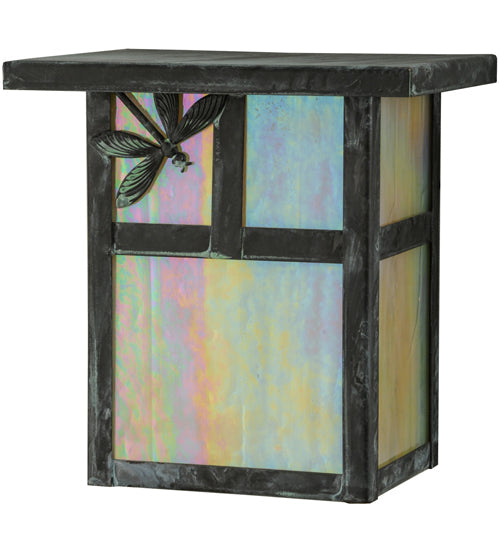 Meyda Lighting Hyde Park 7" Verdigris T Mission Wall Sconce With Beige Iridescent Dragonfly Art Shade Glass
