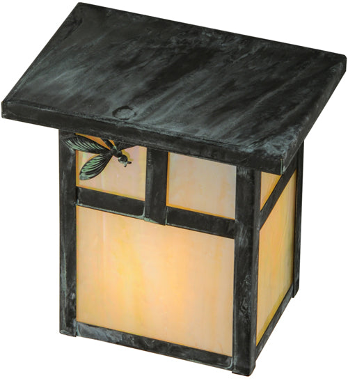 Meyda Lighting Hyde Park 7" Verdigris T Mission Wall Sconce With Beige Iridescent Dragonfly Art Shade Glass