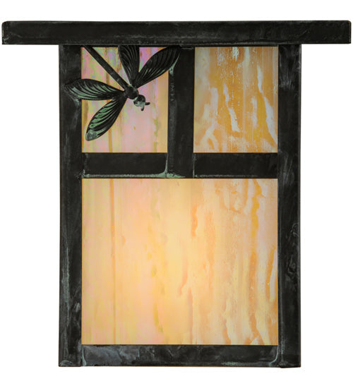 Meyda Lighting Hyde Park 7" Verdigris T Mission Wall Sconce With Beige Iridescent Dragonfly Art Shade Glass