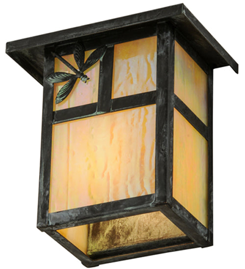 Meyda Lighting Hyde Park 7" Verdigris T Mission Wall Sconce With Beige Iridescent Dragonfly Art Shade Glass