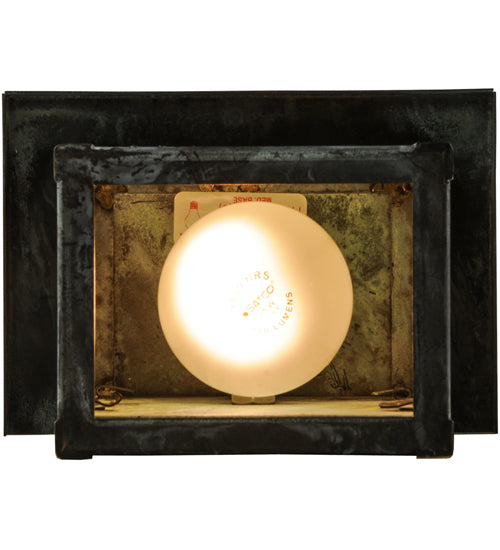 Meyda Lighting Hyde Park 7" Verdigris T Mission Wall Sconce With Beige Iridescent Dragonfly Art Shade Glass