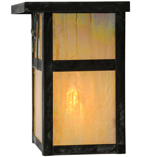 Meyda Lighting Hyde Park 7" Verdigris T Mission Wall Sconce With Beige Iridescent Dragonfly Art Shade Glass